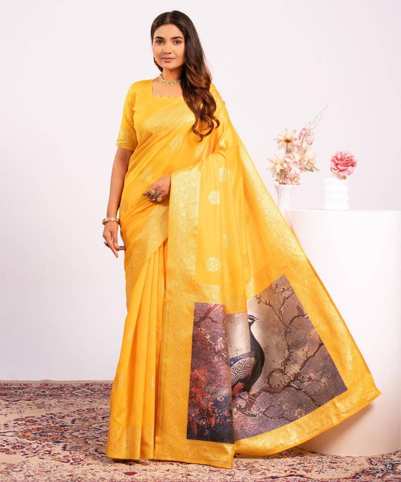 yellow color banarasi art silk saree with plain blose