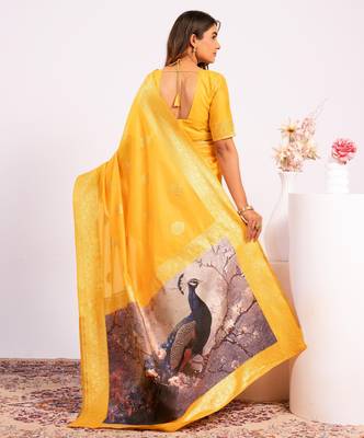 yellow color banarasi art silk saree with plain blose 2