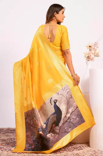 yellow color banarasi art silk saree with plain blose
