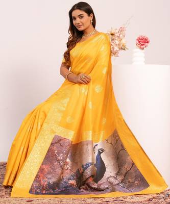 yellow color banarasi art silk saree with plain blose 3