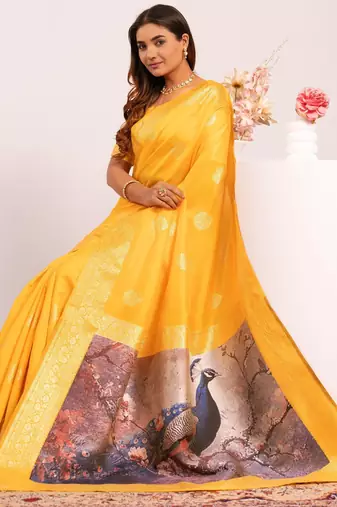 yellow color banarasi art silk saree with plain blose