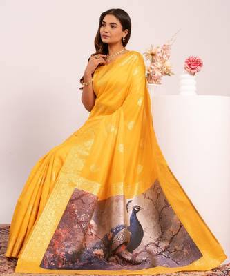 yellow color banarasi art silk saree with plain blose 4