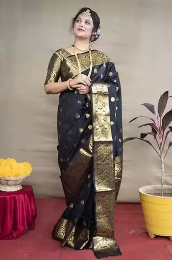 Black silk blend banarasi jaquard designer saree with blouse