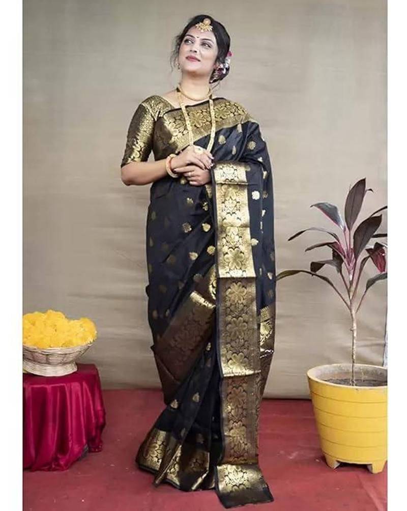 Black soft silk blend banarasi jacuard work designer saree with blouse