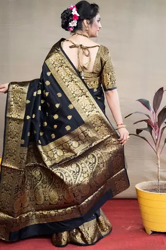 Black silk blend banarasi jaquard designer saree with blouse