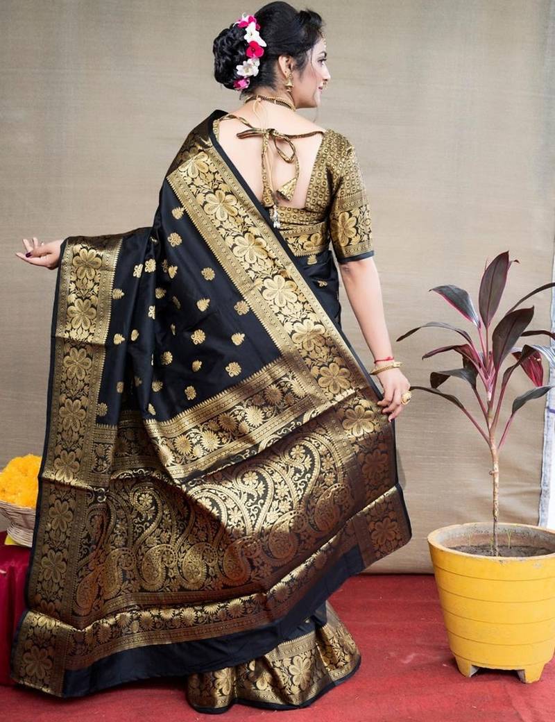 Black soft silk blend banarasi jacuard work designer saree with blouse