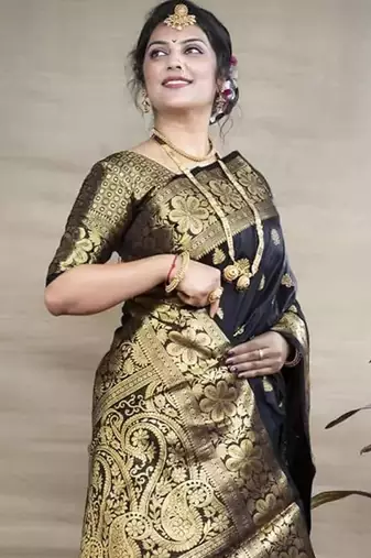 Black silk blend banarasi jaquard designer saree with blouse