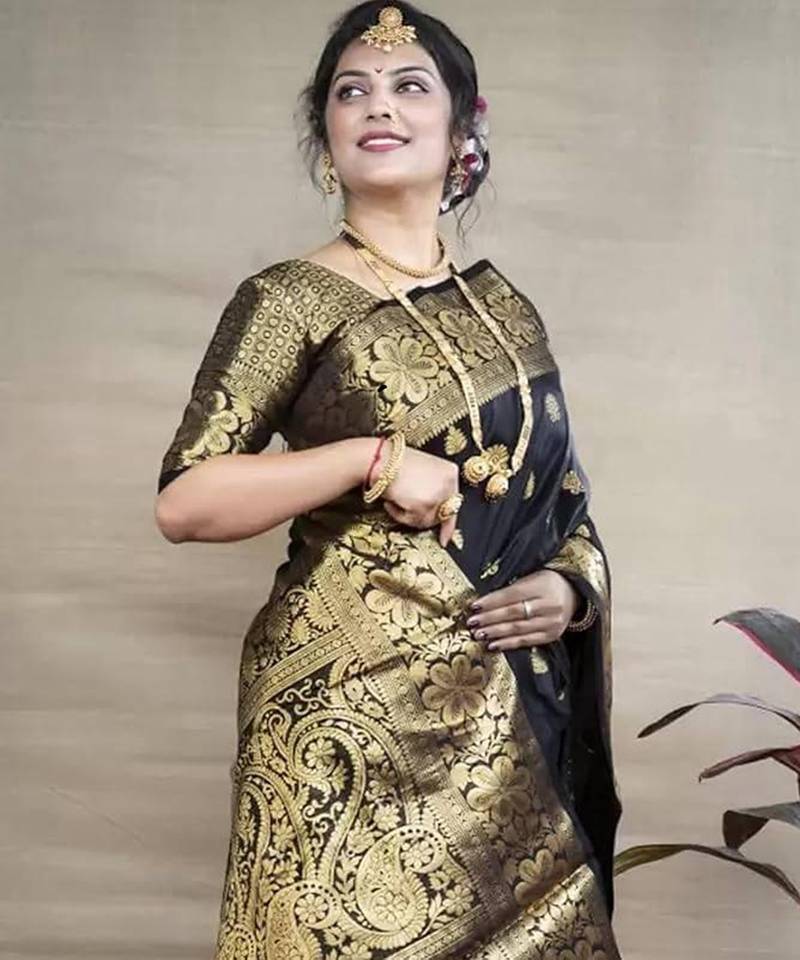 Black soft silk blend banarasi jacuard work designer saree with blouse