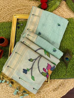 sky blue color cotton saree with blouse 1
