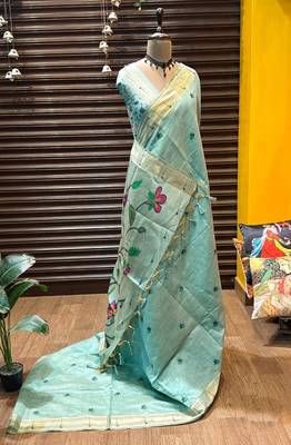 sky blue color cotton saree with blouse 5