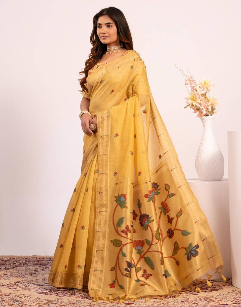 yellow color cotton saree with blouse