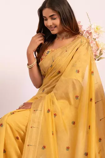 yellow color cotton saree with blouse