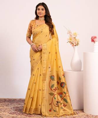 yellow color cotton saree with blouse 5