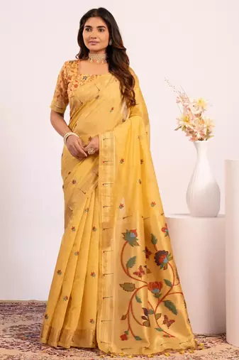 yellow color cotton saree with blouse