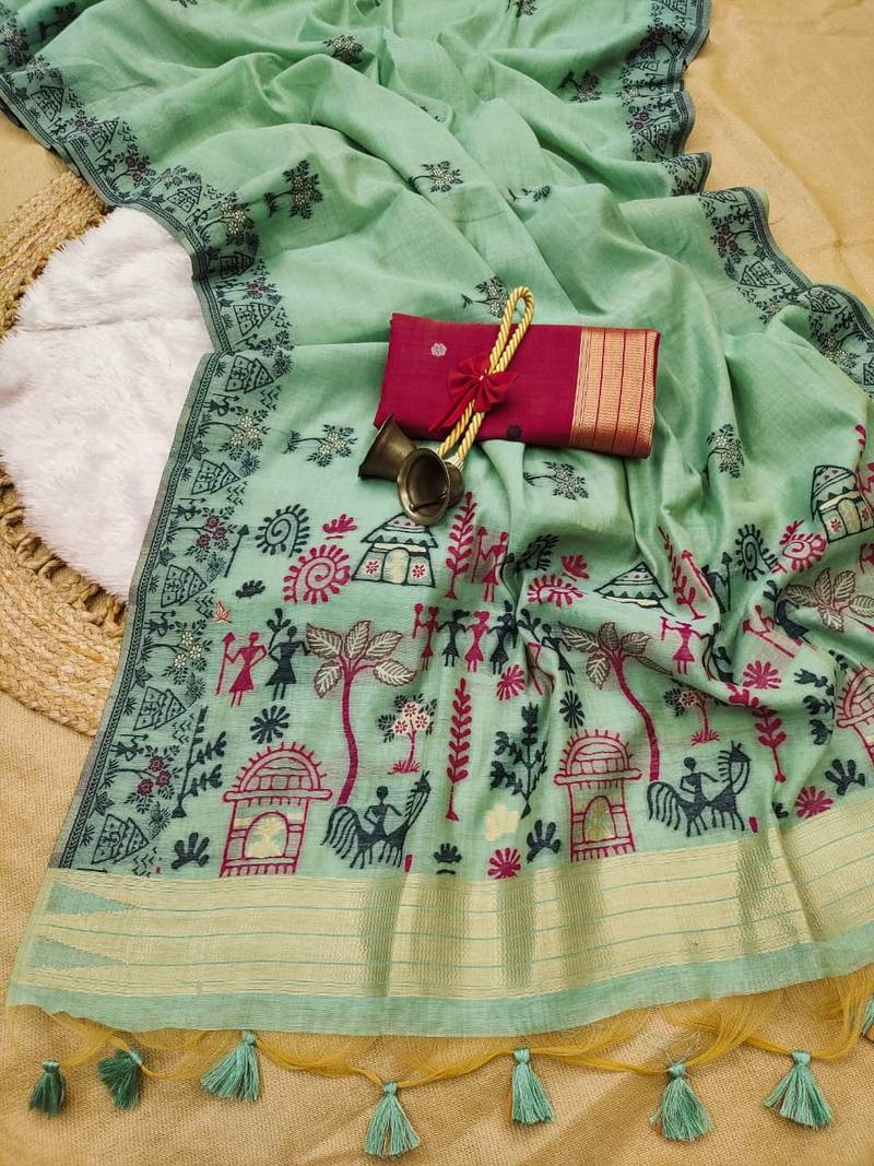 green color chanderi cotton saree with blouse