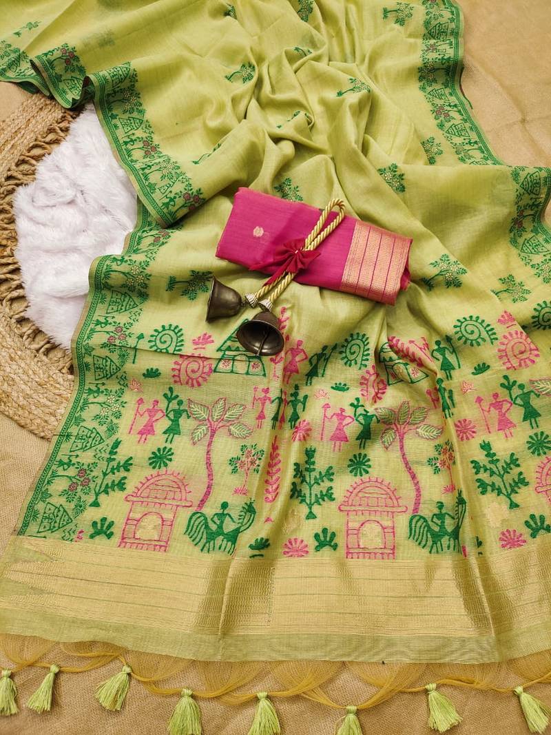 light green color chanderi cotton saree with blouse