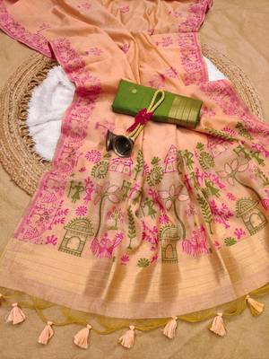 light pink color chanderi cotton saree with blouse 1