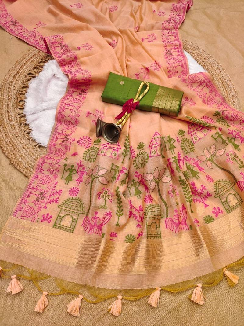 light pink color chanderi cotton saree with blouse