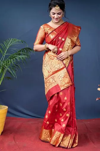 Red silk blend banarasi jaquard designer saree with blouse