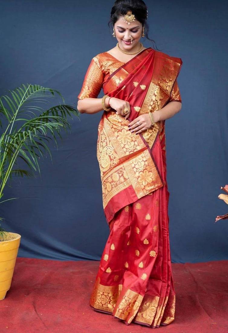 Red soft silk blend banarasi jacuard work designer saree with blouse