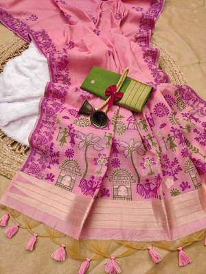 pink color chanderi cotton saree with blouse 1