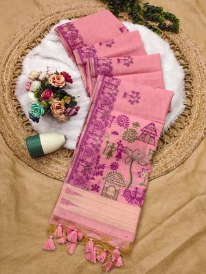 pink color chanderi cotton saree with blouse 2