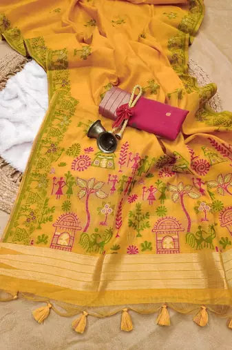 yelllow color chanderi cotton saree with blouse