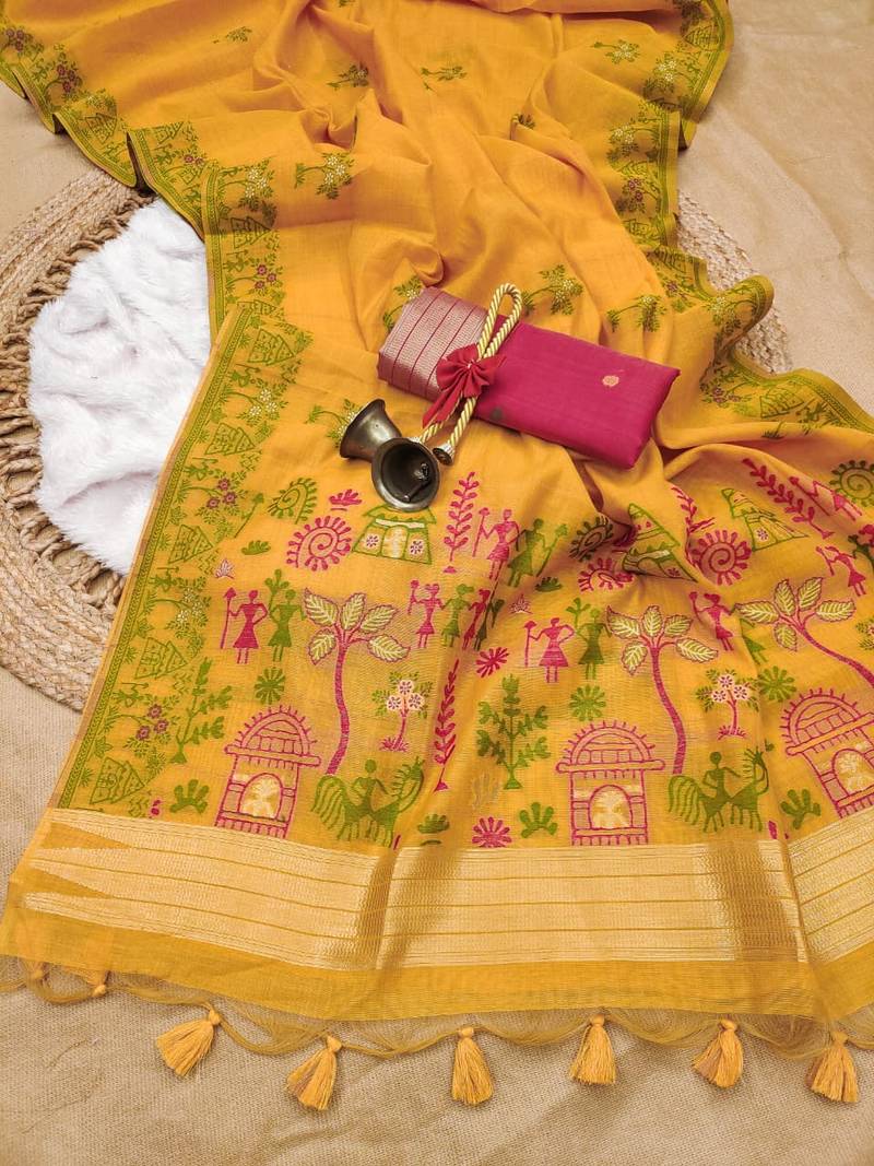 yelllow color chanderi cotton saree with blouse