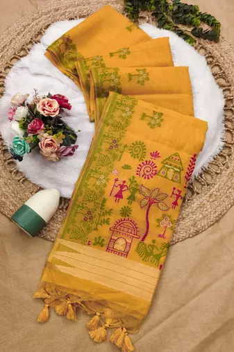 yelllow color chanderi cotton saree with blouse