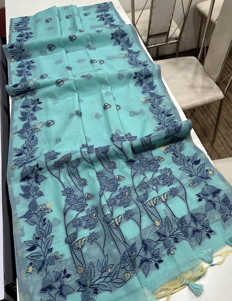 blue color chanderi cotton saree with blouse