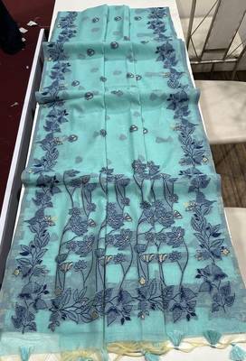 blue color chanderi cotton saree with blouse 2