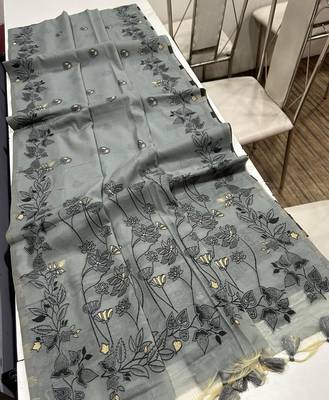 grey color chanderi cotton saree with blouse 1