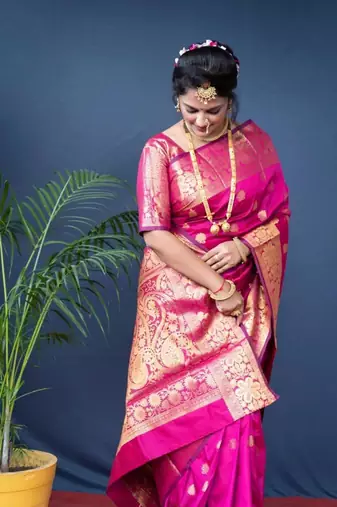 Pink silk blend banarasi jaquard designer saree with blouse