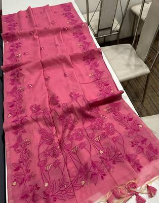 pink color chanderi cotton saree with blouse 1