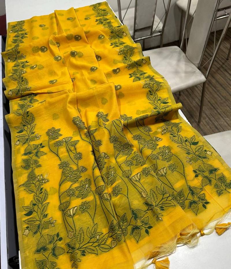 yellow color chanderi cotton saree with blouse