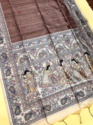 brown color tussar art silk saree with blouse 1