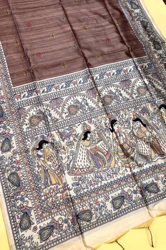 brown color tussar art silk saree with blouse