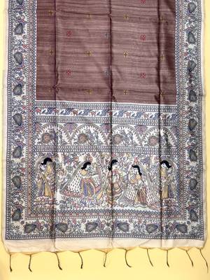 brown color tussar art silk saree with blouse 2