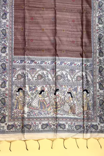 brown color tussar art silk saree with blouse