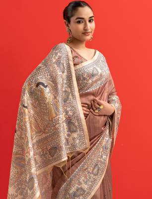 brown color tussar art silk saree with blouse 4
