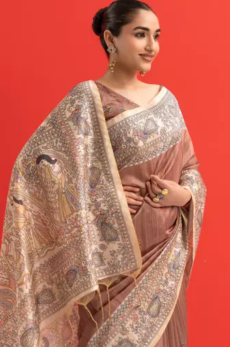 brown color tussar art silk saree with blouse