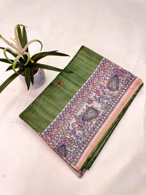 green color tussar art silk saree with blouse 4