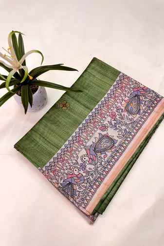 green color tussar art silk saree with blouse