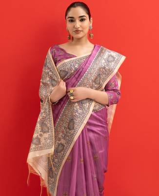 pink color tussar art silk saree with blouse 5