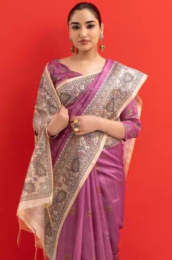purple color tussar art silk saree with blouse