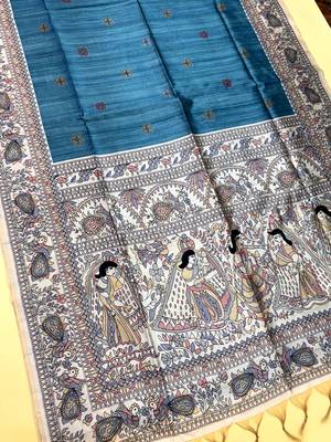 sky blue color tussar art silk saree with blouse 2