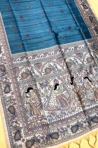 sky blue color tussar art silk saree with blouse