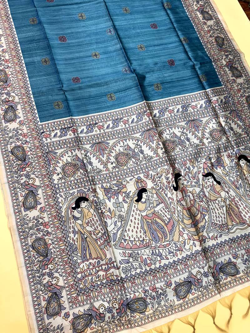 sky blue color tussar art silk saree with blouse