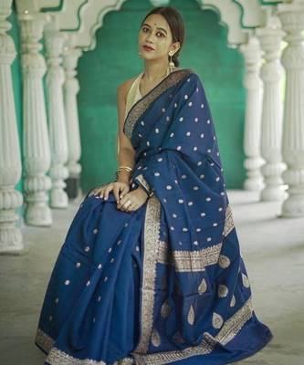 Blue linen slub jaquard designer saree with blouse 2
