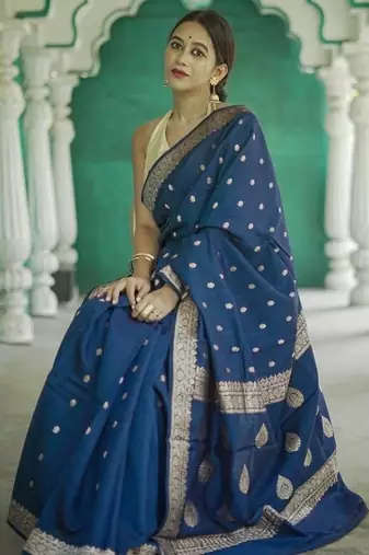Blue linen slub jaquard designer saree with blouse